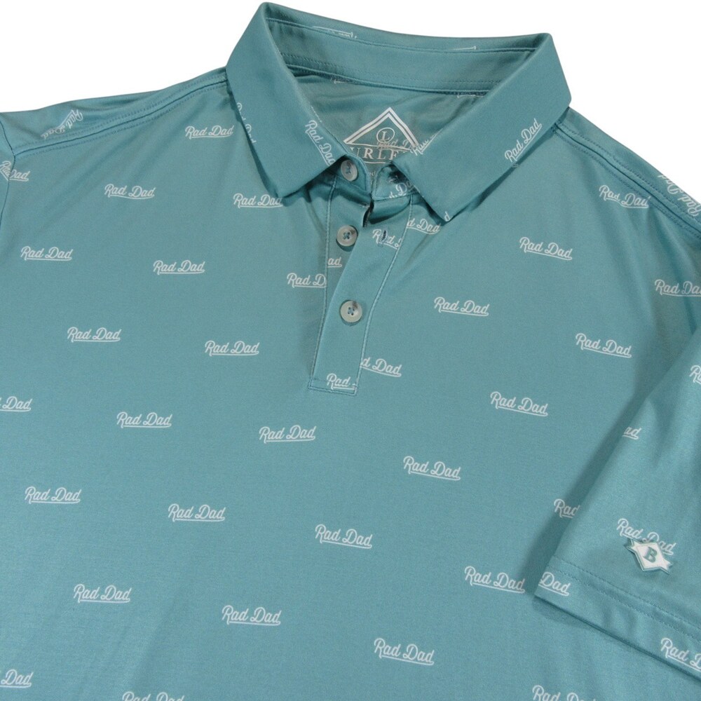 Burlebo Mens Polo Shirt L Blue Teal Allover "Rad Dad" Fathers Day Stretch